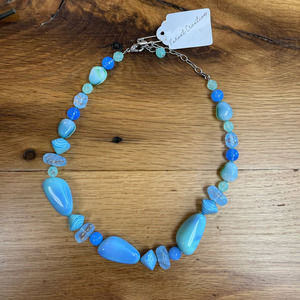 Vintage y2k Blue Green Teal Beachy Glass Beaded Stone Statement Chunky Necklace